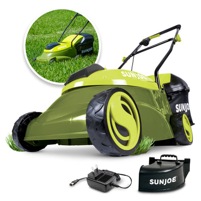 Sun Joe 28-Volt Cordless Walk-Behind Push Lawn Mower | 14-inch | 4.0-Ah Battery + Discharge Chute | 3-Position Height Adjustment