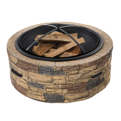 Sun Joe SJFP35-STN 35-In. Cast Stone Base, Wood Burning Fire Pit W/ Dome Screen and Poker, Natural Stone